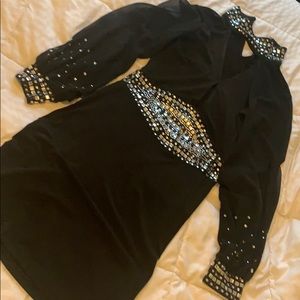Black, diamond studded, sheer sleeves dress